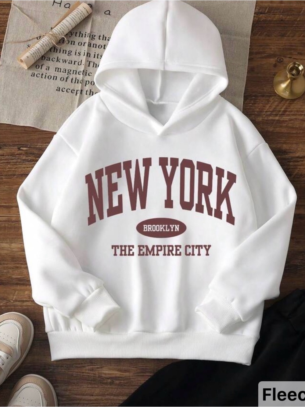 SHEIN White Hoodie with Brown "NEW YORK" Print